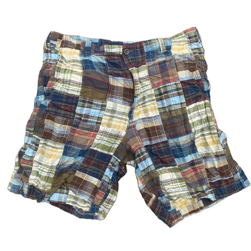 IZOD Rockwashed Shorts Mens Size 36 Patchwork Madras Plaid Chino Preppy Beachy